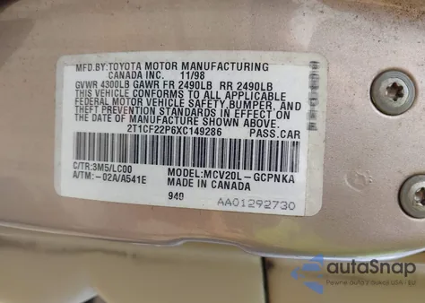 1999 Toyota Camry Solara Sle from USA, damaged, VIN 2T1CF22P6XC149286